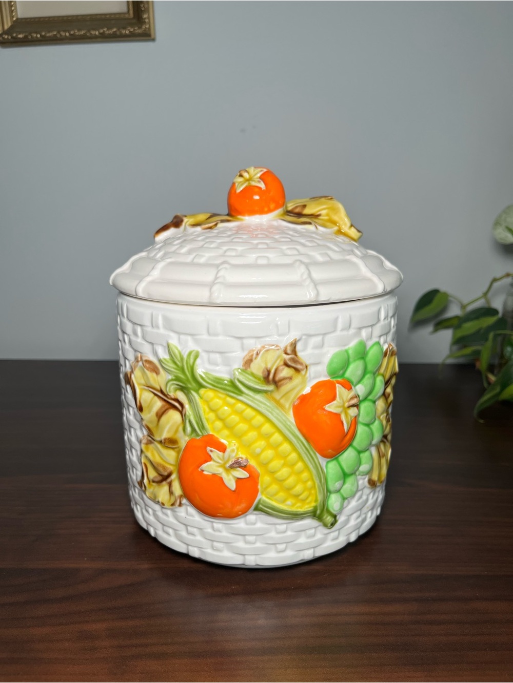 MEDIUM Ceramic Kitchen Canister Hand Painted with Embossed Vegetables Japan
